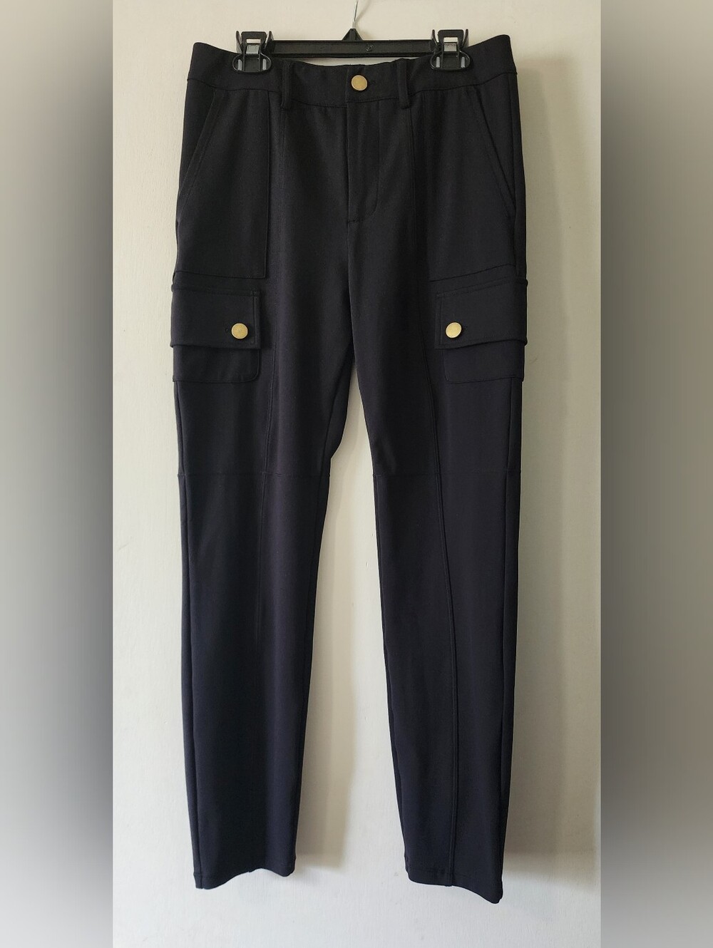 Halara Women Black Solid Cargo Ponte Pants Leggings Gold Button Petite PS Small
